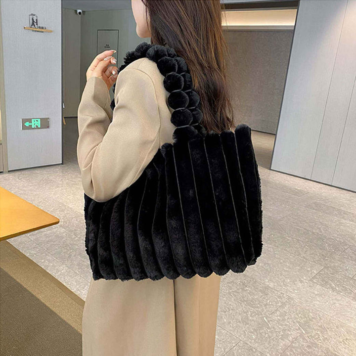 Trendy Women's Tote Bag with Plush Pom-Pom Handles