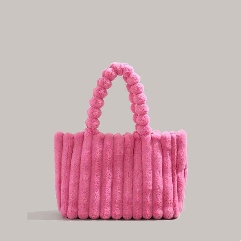 Trendy Women's Tote Bag with Plush Pom-Pom Handles Bright Pink