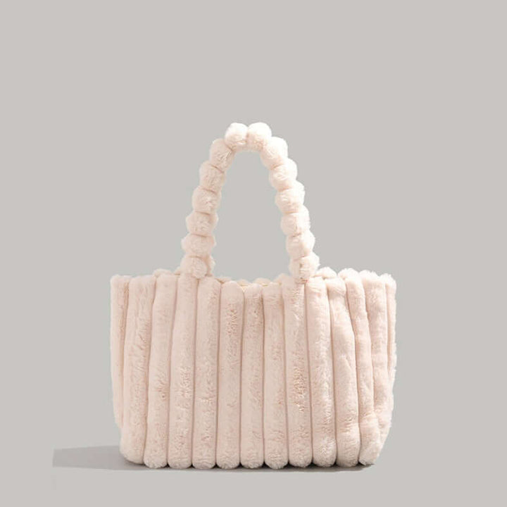 Trendy Women's Tote Bag with Plush Pom-Pom Handles White