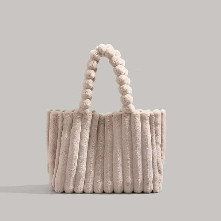 Trendy Women's Tote Bag with Plush Pom-Pom Handles Beige