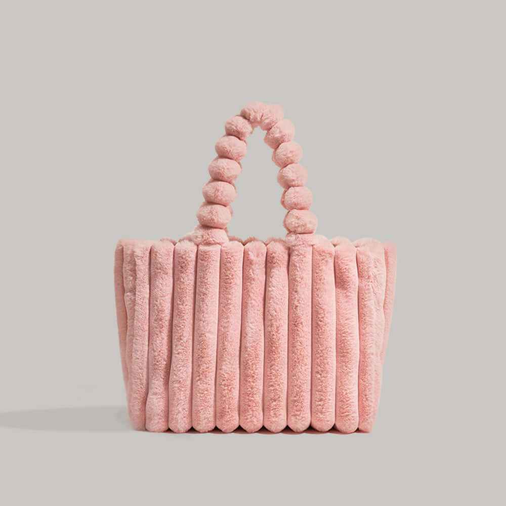 Trendy Women's Tote Bag with Plush Pom-Pom Handles Pink