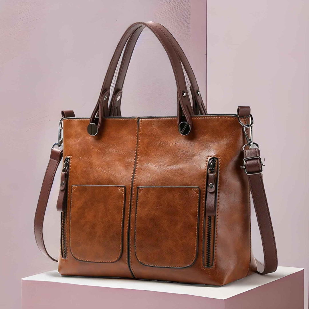 Women's Zip Pocket Tote Bag | Shoulder Style Brown
