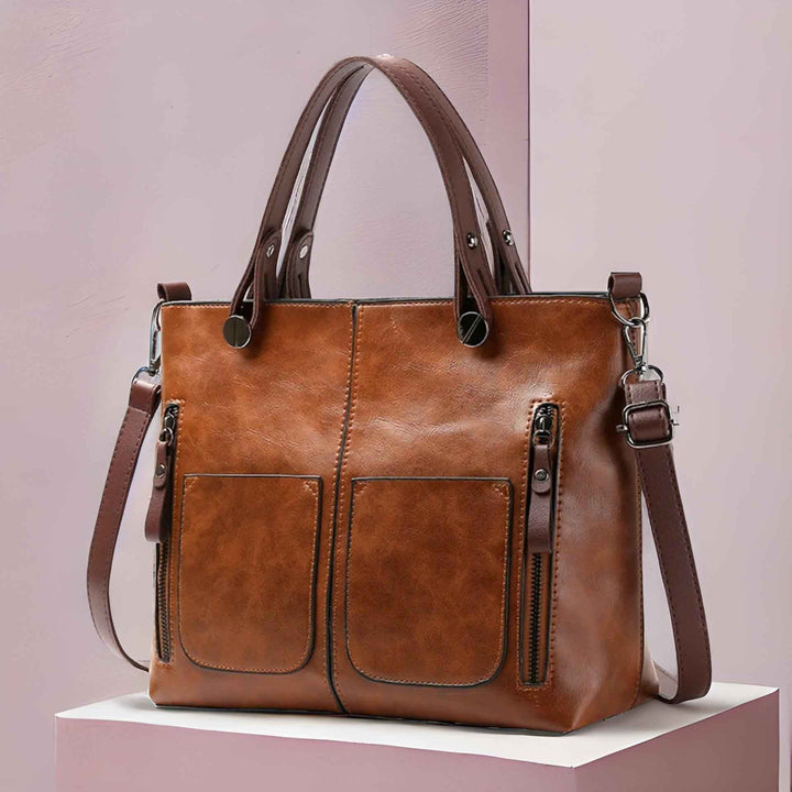 Women's Zip Pocket Tote Bag | Shoulder Style Brown