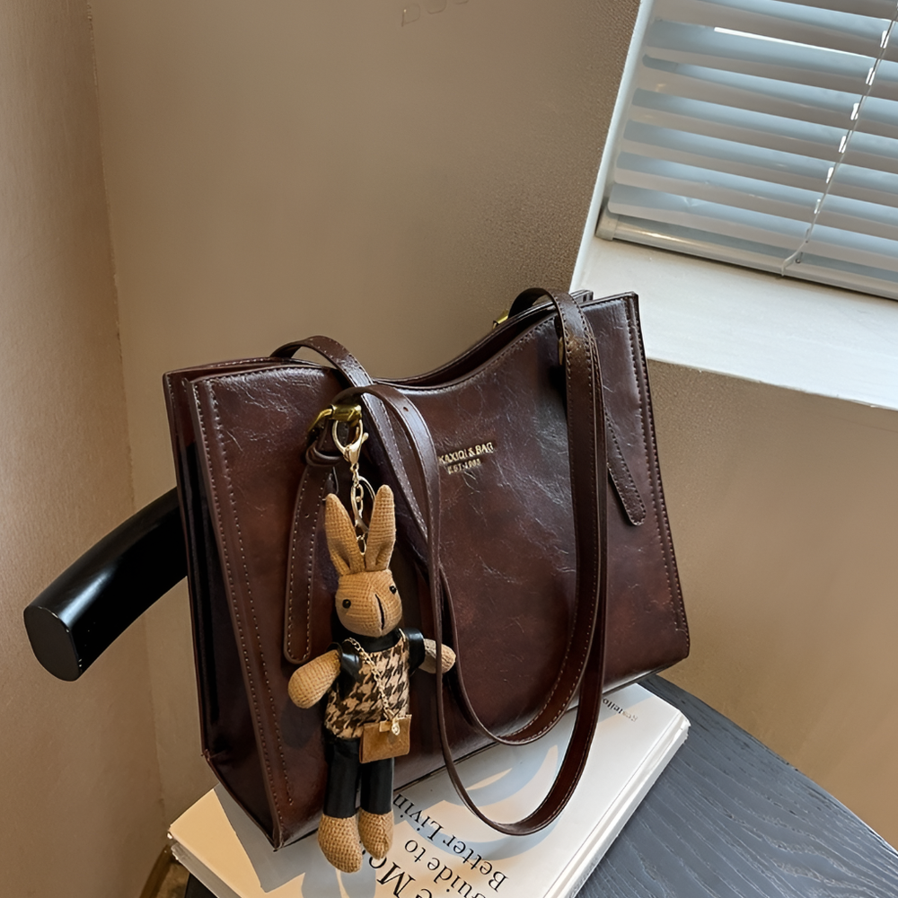 Elegant Women's Tote Bag with Bunny Keychain Dark Brown
