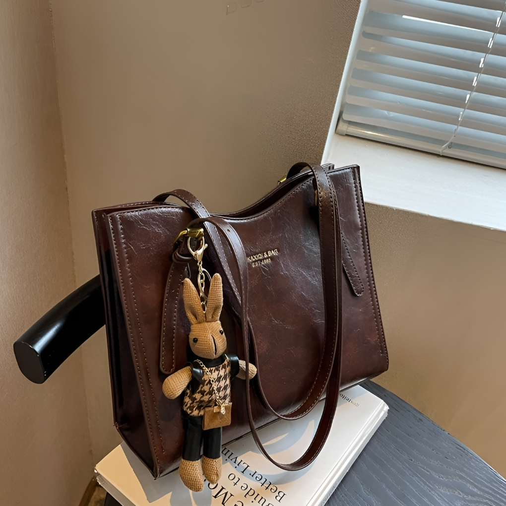 Elegant Women's Tote Bag with Bunny Keychain Dark Brown