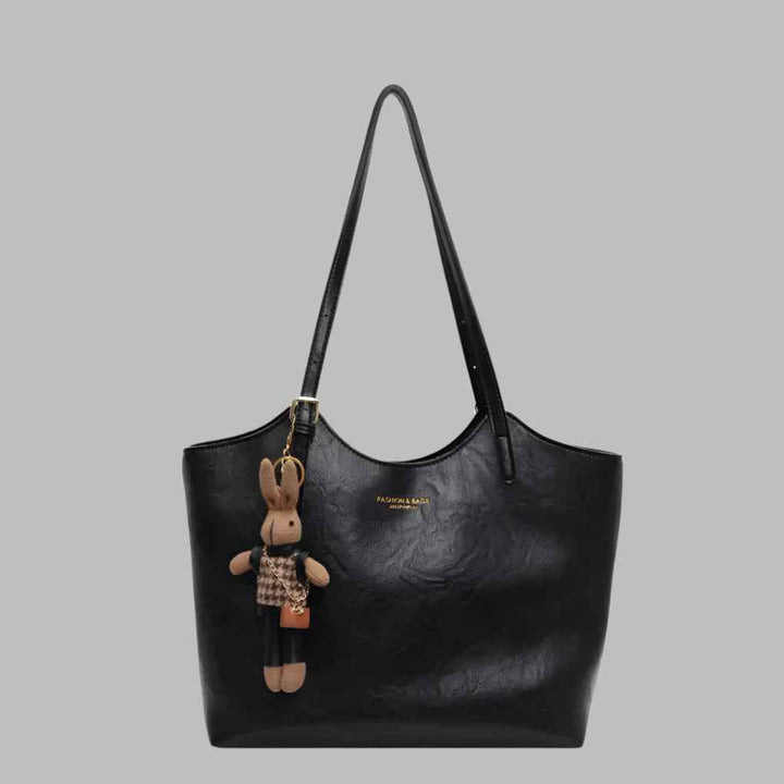 Elegant Women's Tote Bag with Bunny Keychain Black