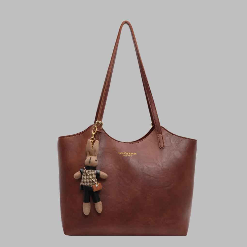 Elegant Women's Tote Bag with Bunny Keychain Brown