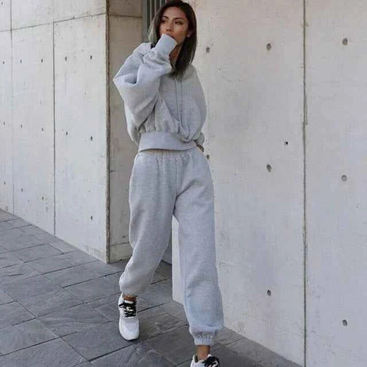 Women's Grey Cotton Blend Hooded Top and Pants Lounge Set Grey