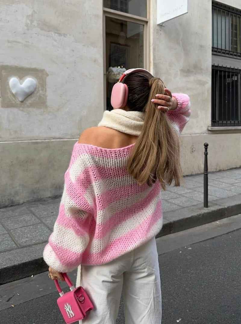 Women's Trendy Oversized Striped Sweater Pink