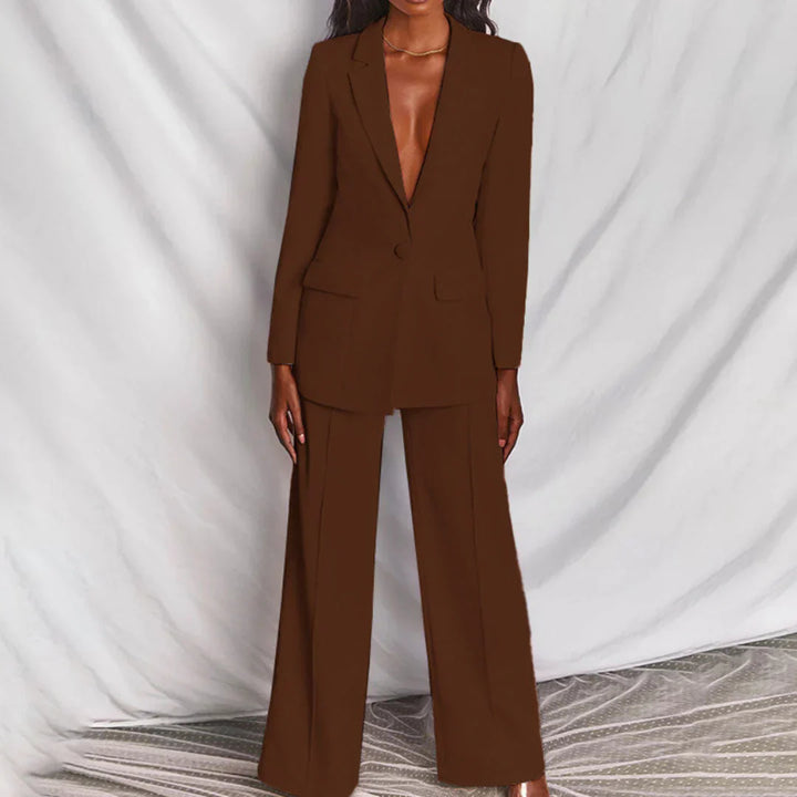 Women's Longline Blazer & Wide-Leg Trouser Suit - Structured Fit Brown
