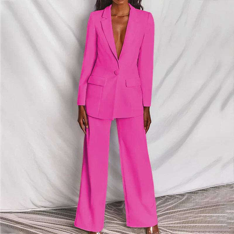 Women's Longline Blazer & Wide-Leg Trouser Suit - Structured Fit Hot Pink