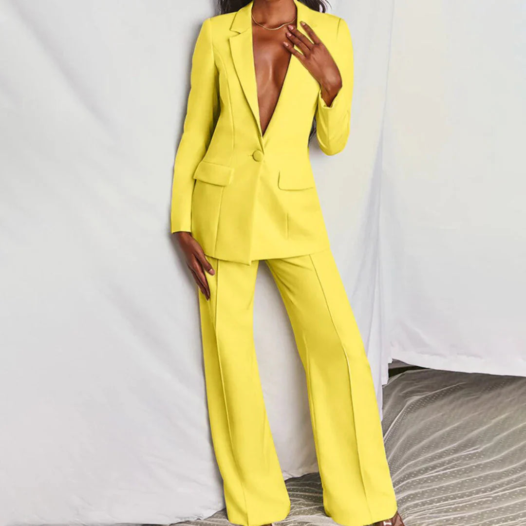 Women's Longline Blazer & Wide-Leg Trouser Suit - Structured Fit Yellow