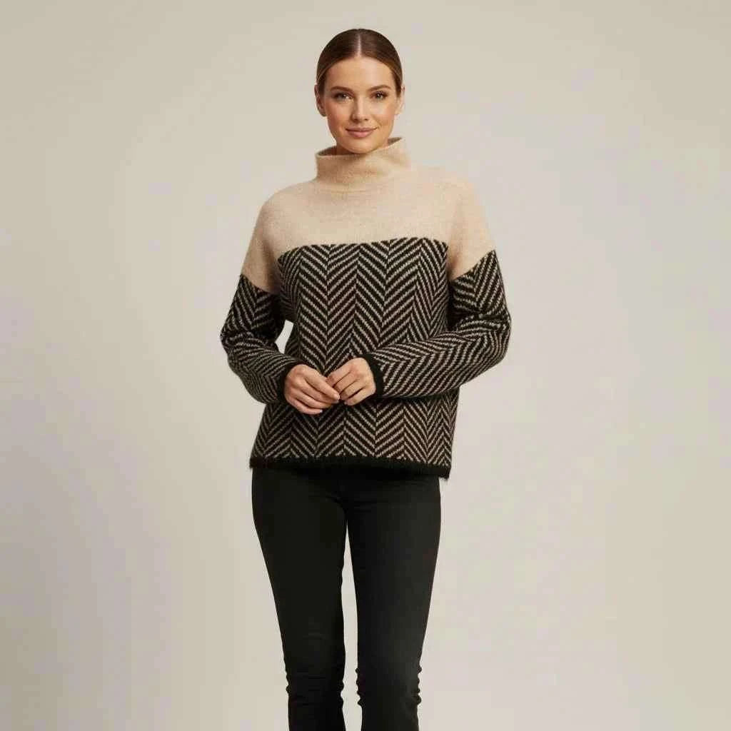 Women's Turtleneck Color Block Sweater Beige