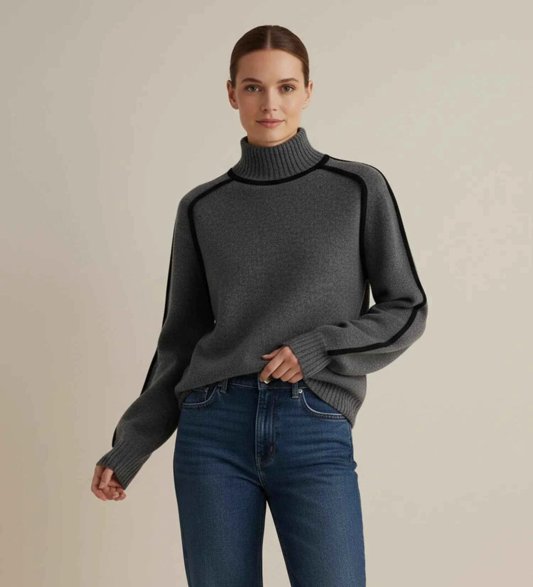 Women's Turtleneck Sweater with Contrast Trim Gray