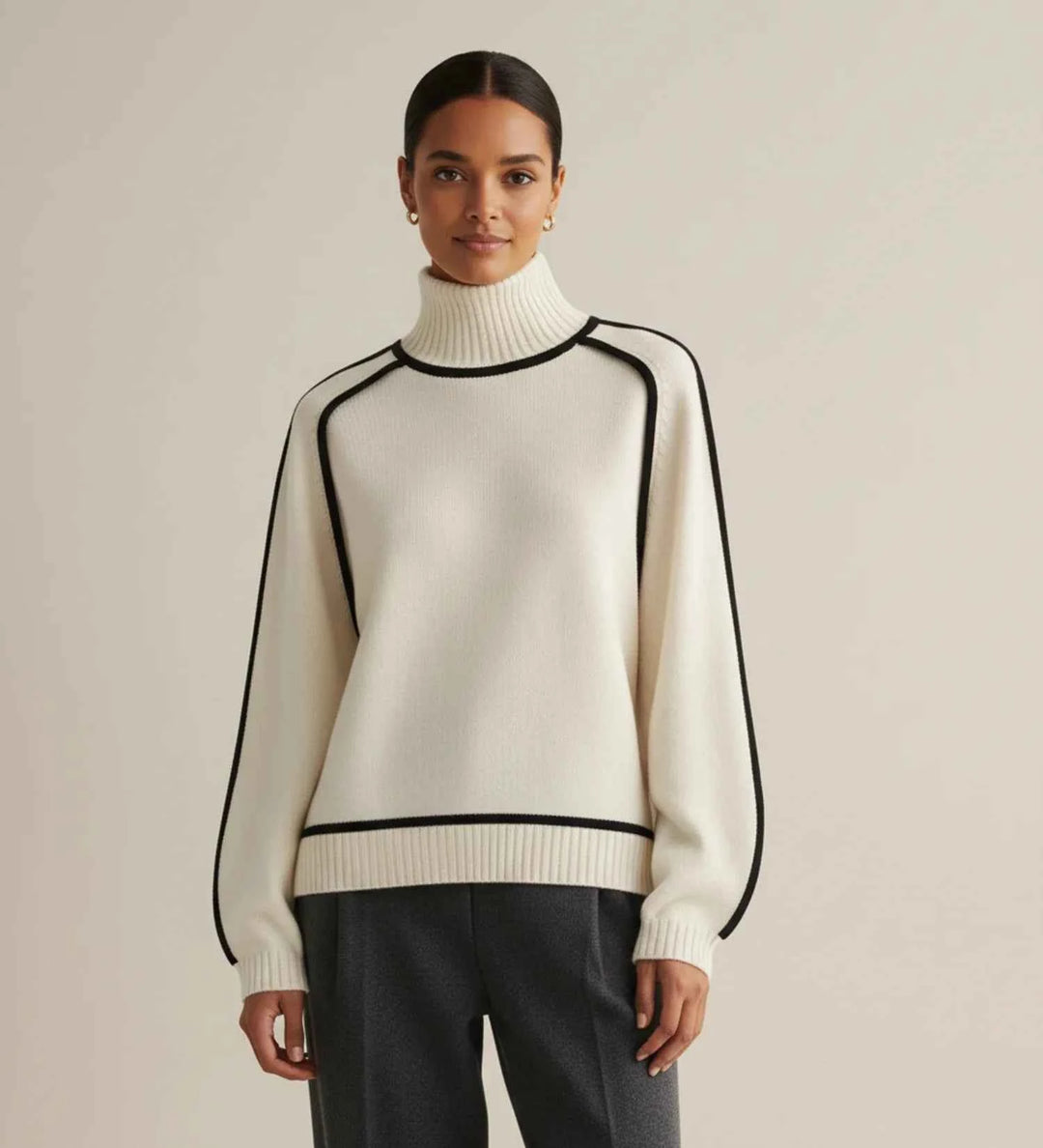 Women's Turtleneck Sweater with Contrast Trim White