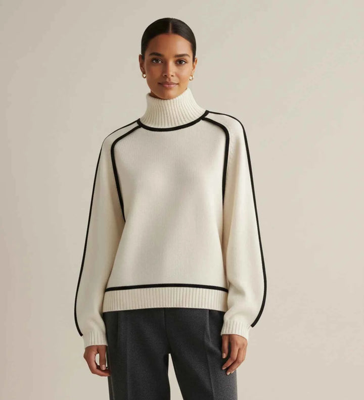 Women's Turtleneck Sweater with Contrast Trim White