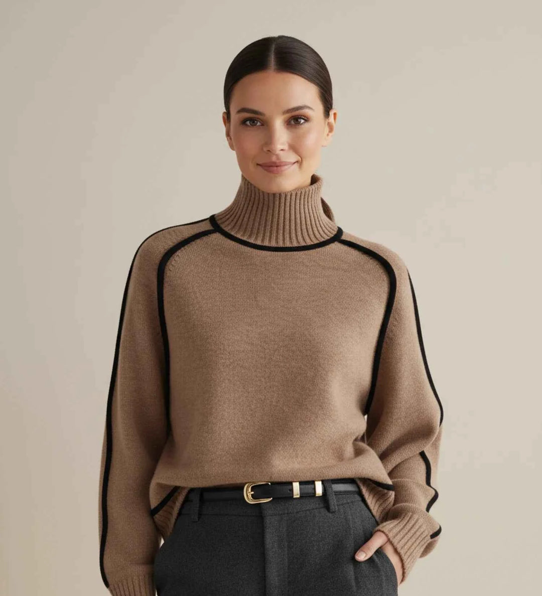 Women's Turtleneck Sweater with Contrast Trim Brown