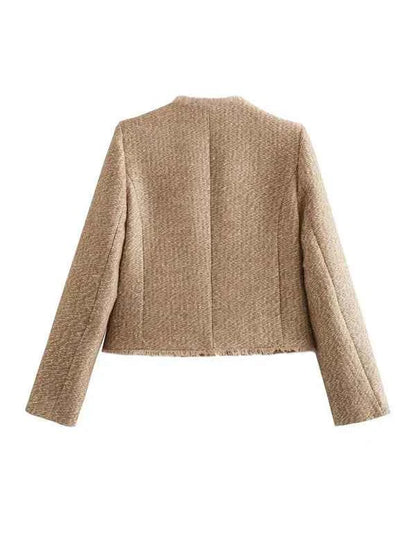 Women's Tweed Jacket Button Closure Beige Winter