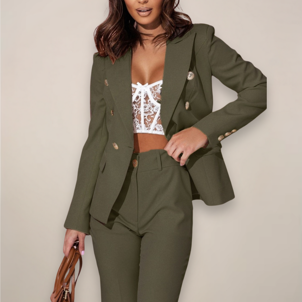 Women's Tailored Two-Piece Blazer Suit Set Army Green