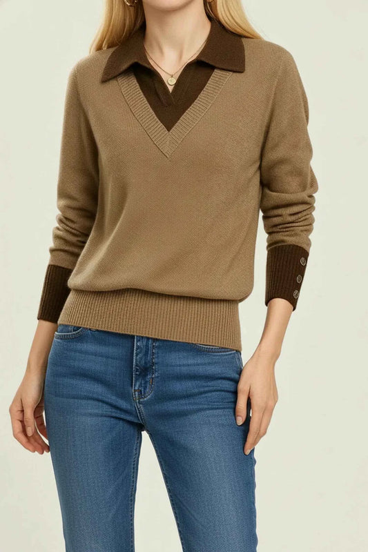 Women's V Neck Collared Button Cuff Ribbed Knit Brown Winter Sweater