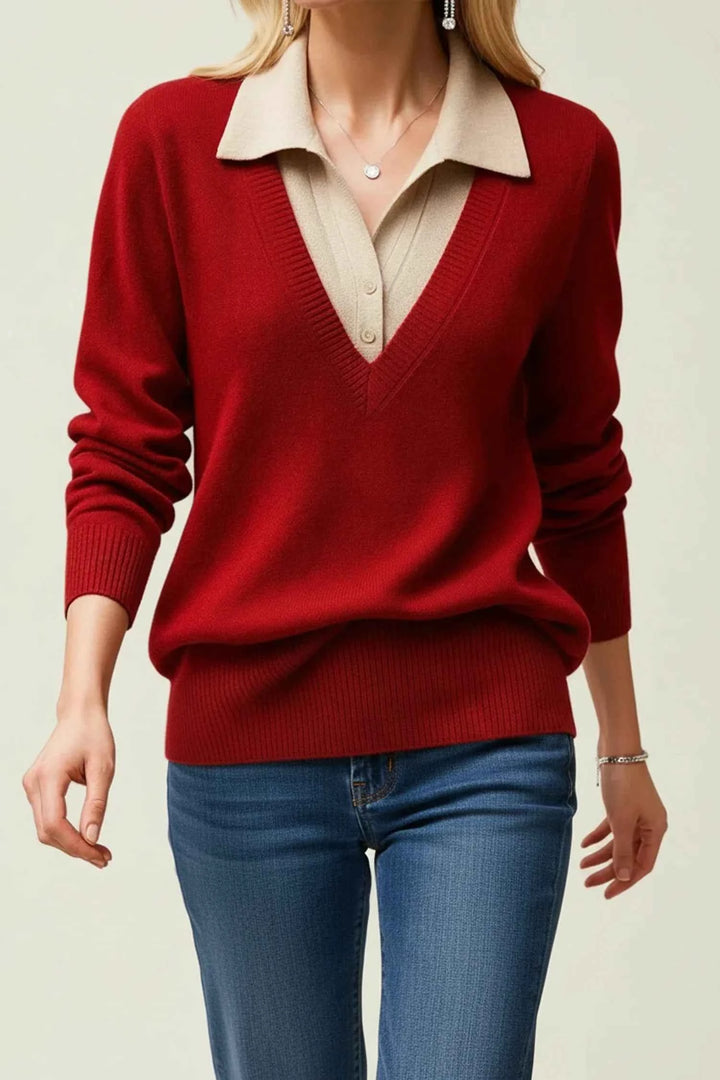 Women's V-Neck Collared Sweater Red