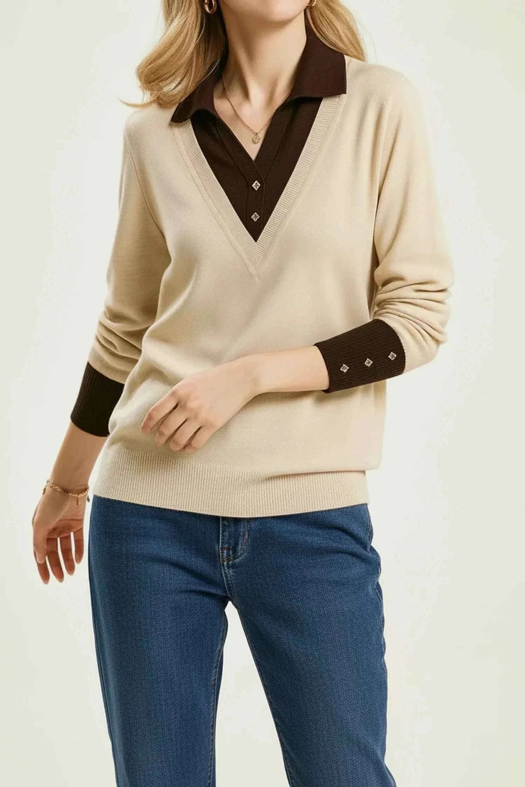 Women's V-Neck Collared Sweater Beige