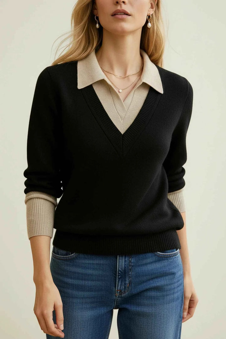 Women's V-Neck Collared Sweater Black