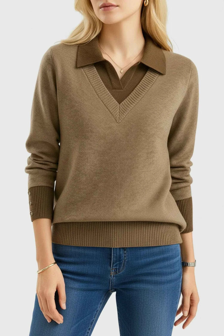Women's V-Neck Collared Sweater Brown