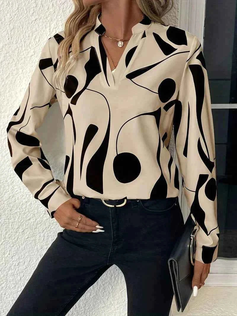 Women's V-Neck Printed Blouse - Stylish and Elegant Apricot