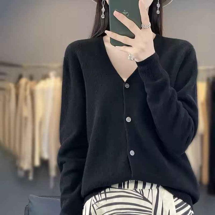 Women's V-Neck Wool Blend Sweater – Relaxed Fit with Button Closure and Long Sleeves Black