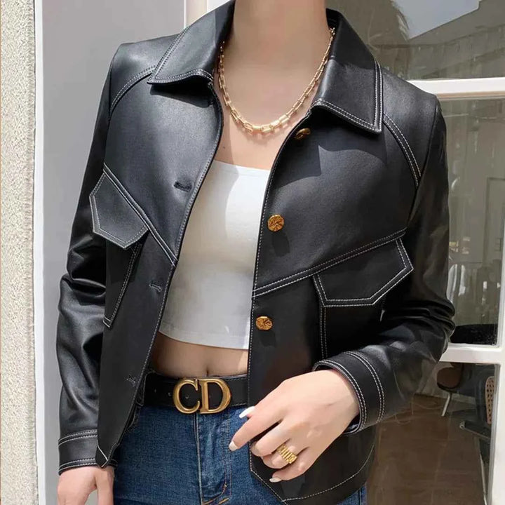Women's Veloura Leather Jacket - Stylish & Durable Outerwear Black