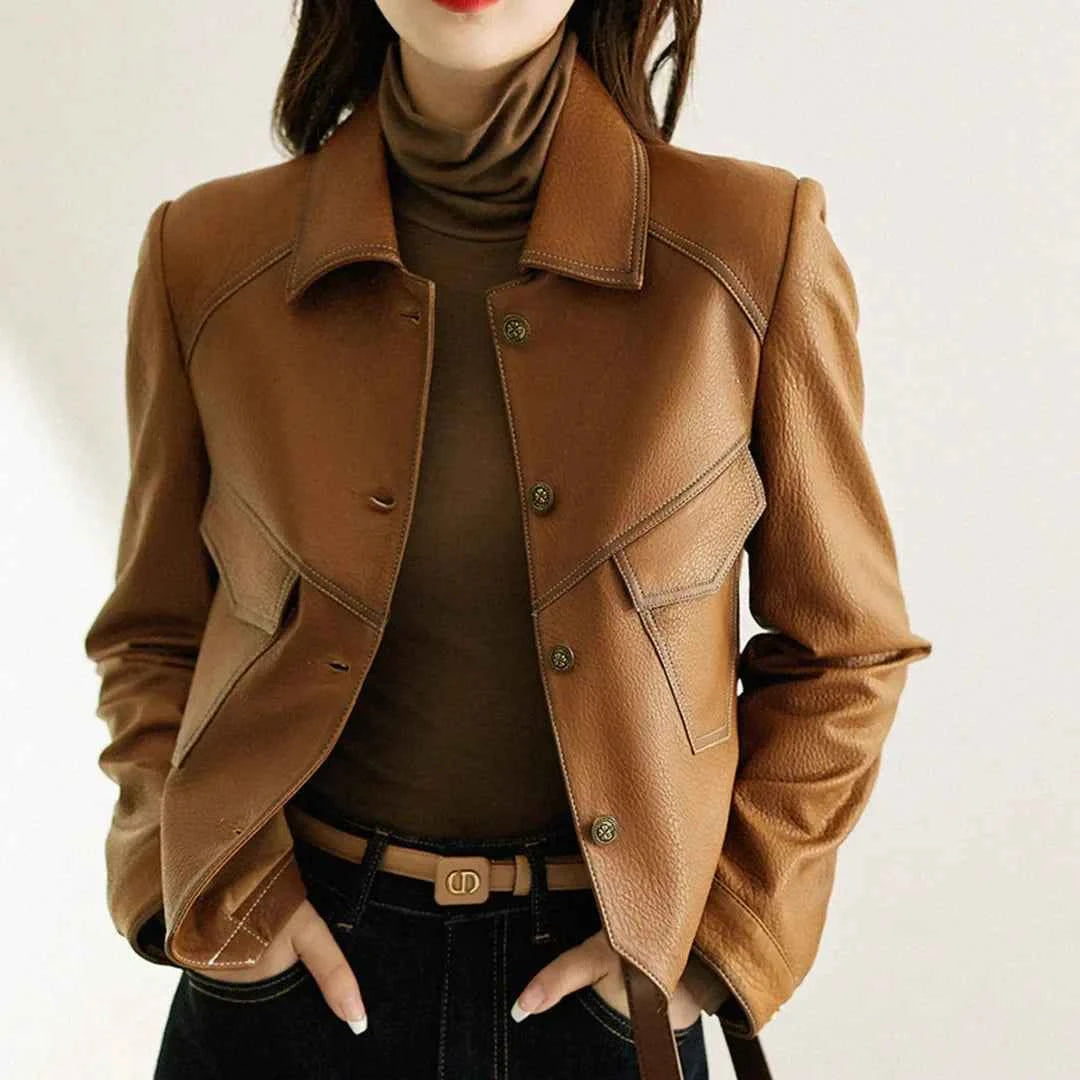Women's Veloura Leather Jacket - Stylish & Durable Outerwear Brown