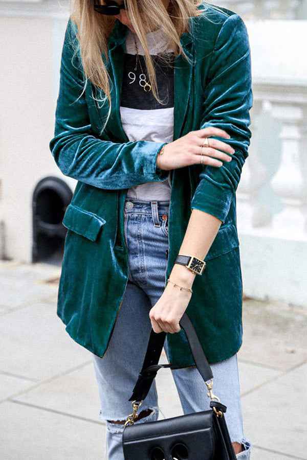Women's Velvet Blazer - Chic Long Coat for Casual & Elegant Styles