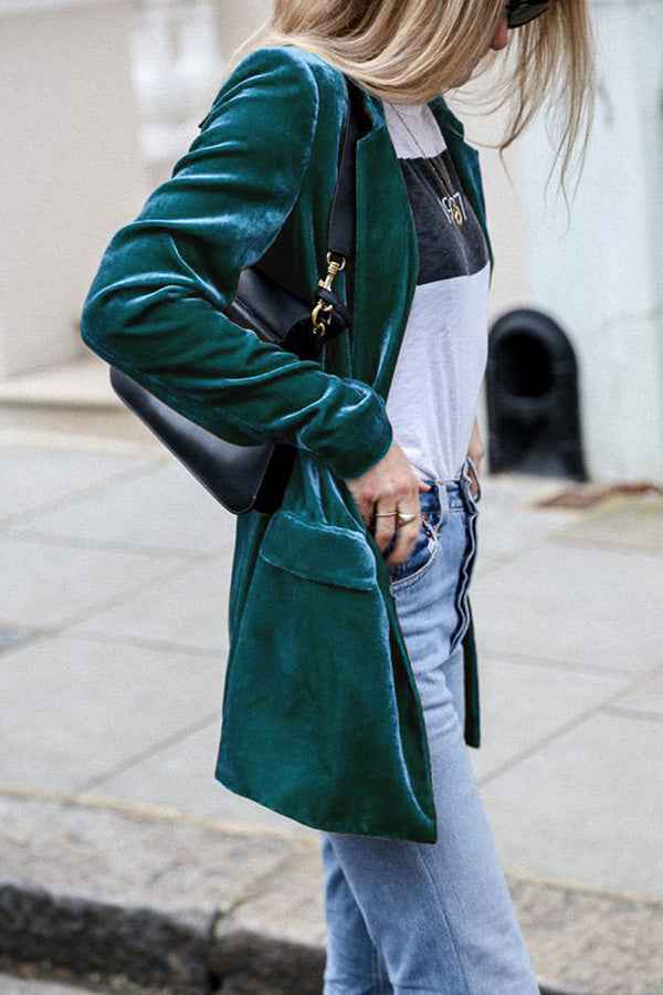 Women's Velvet Blazer - Chic Long Coat for Casual & Elegant Styles Blue