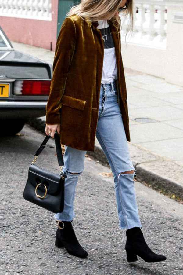 Women's Velvet Coat Pockets Brown Winter Red