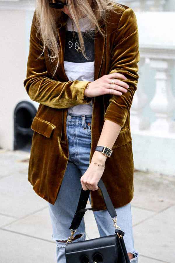 Women's Velvet Blazer - Chic Long Coat for Casual & Elegant Styles