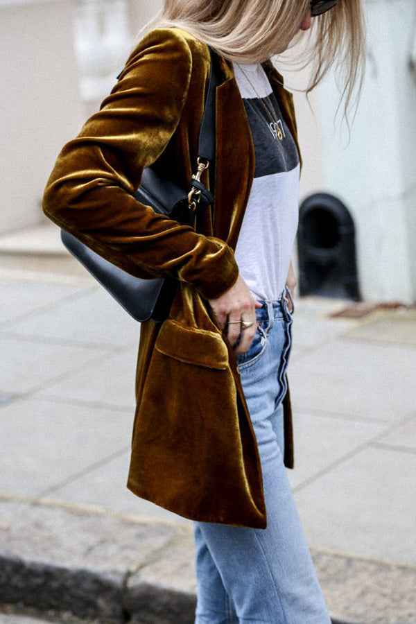 Women's Velvet Coat Pockets Brown Winter Red