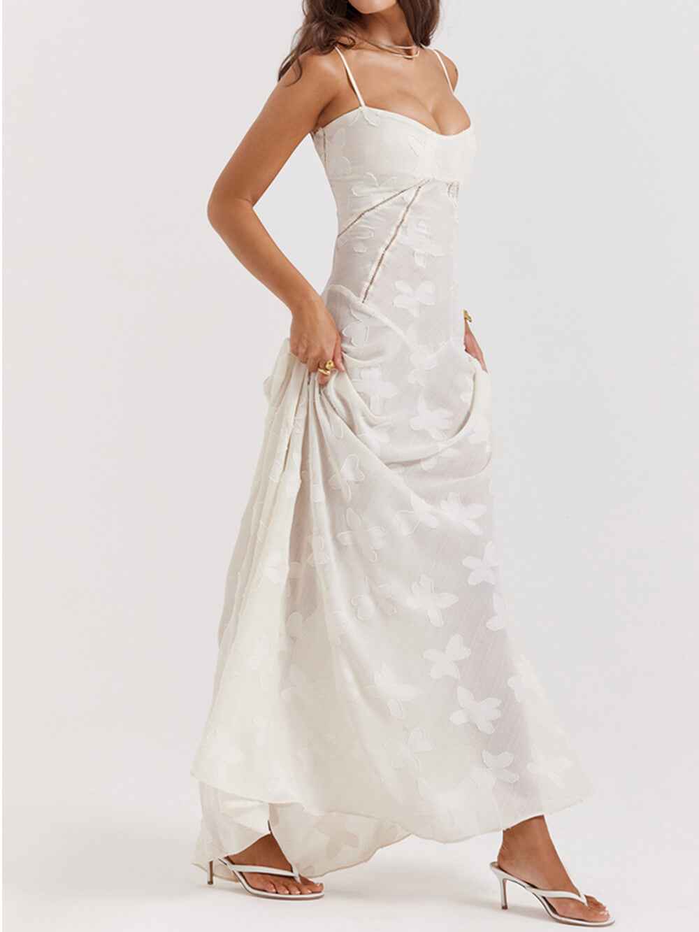 Women's Vintage Cream Floral Lace Maxi Dress
