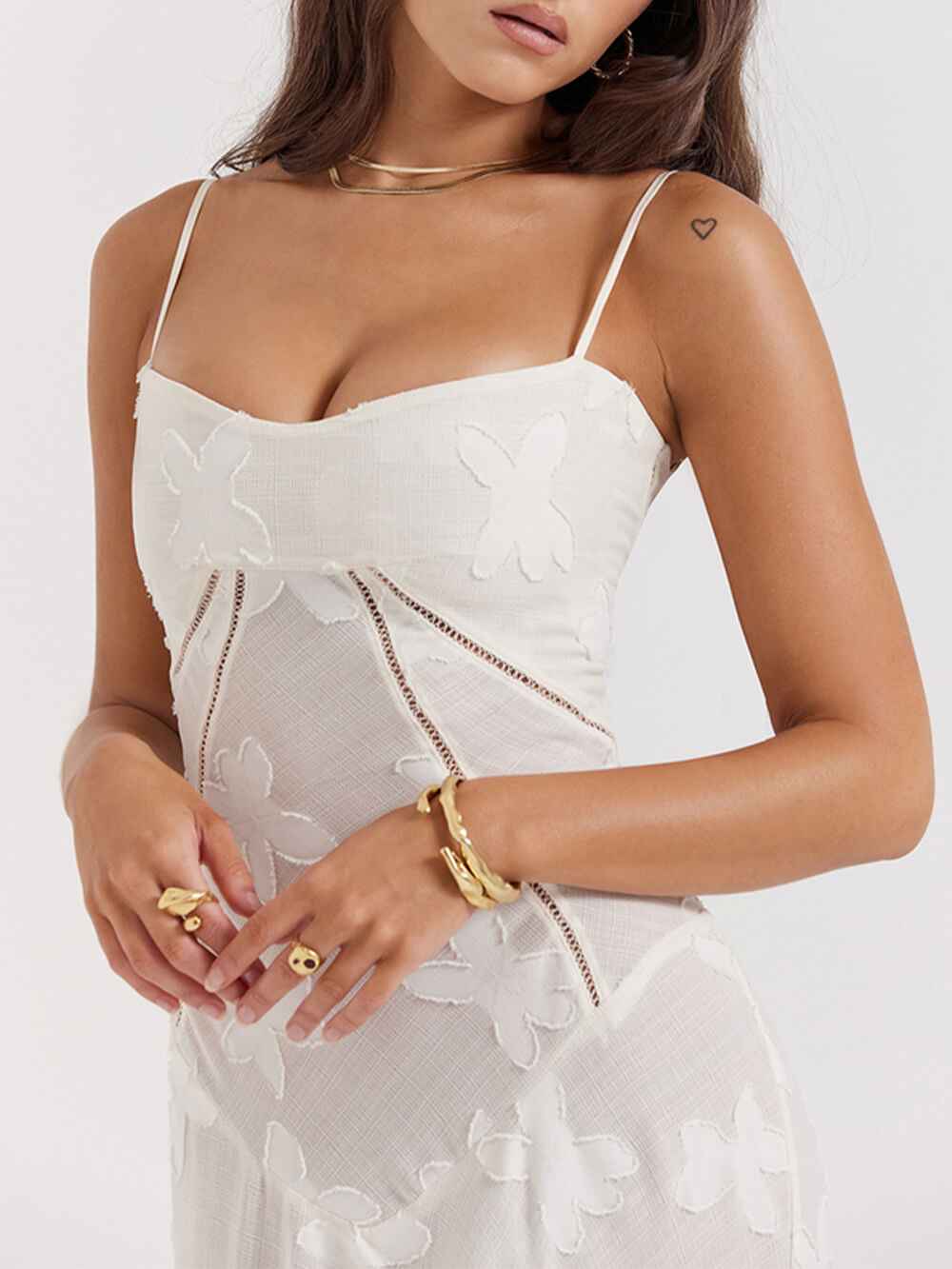 Women's Vintage Cream Floral Lace Maxi Dress