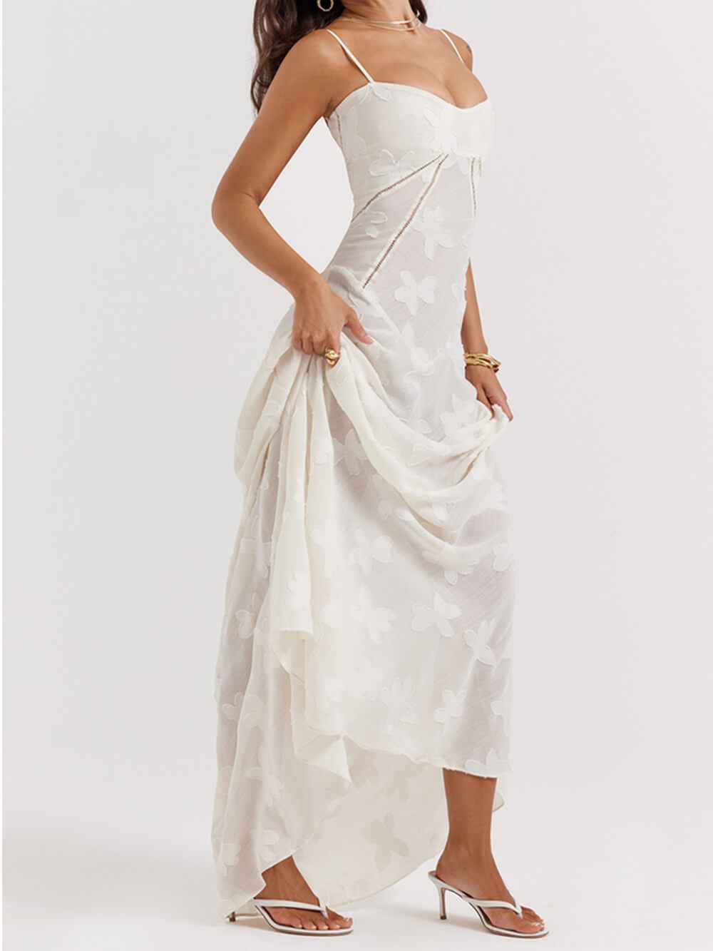 Women's Vintage Cream Floral Lace Maxi Dress
