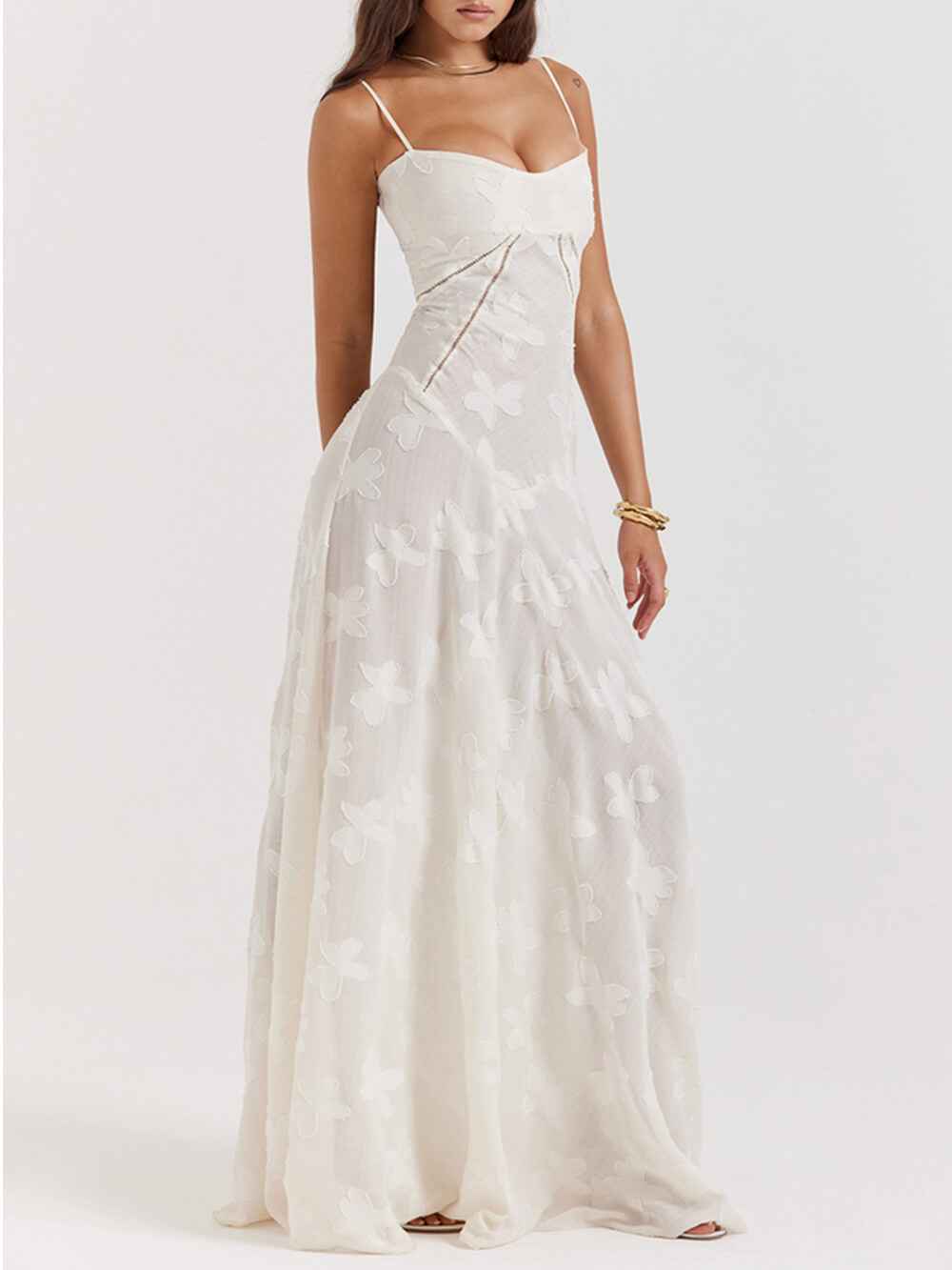 Women's Vintage Cream Floral Lace Maxi Dress