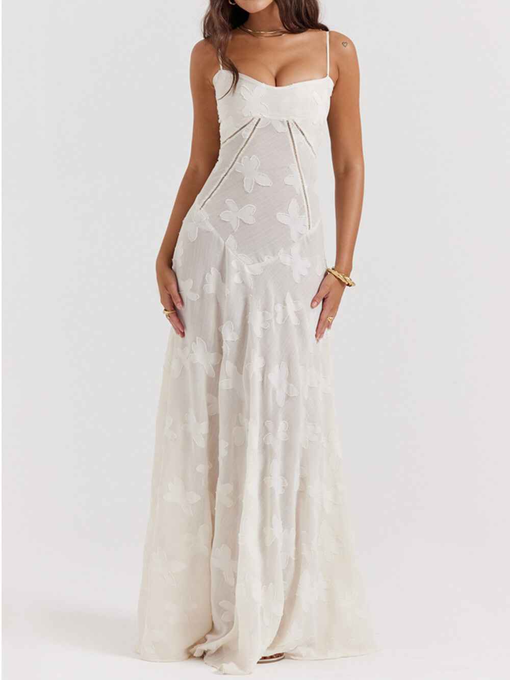 Women's Vintage Cream Floral Lace Maxi Dress White