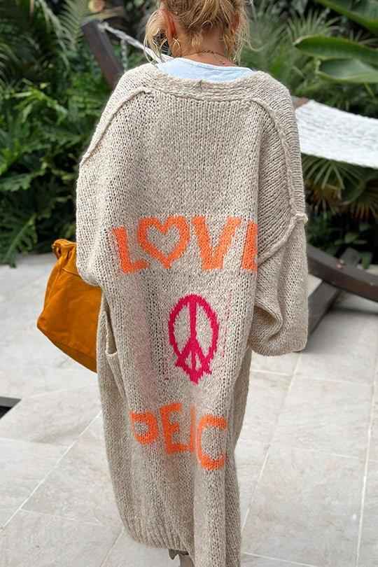 Women's Vintage Oversized Cardigan with 'Love & Peace' Print | Perfect for Autumn/Winter Beige