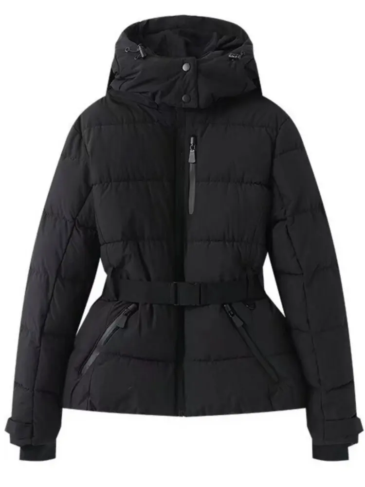 Women's Water-Repellent Fitted Puffer Ski Jacket with Hood and Zippered Pockets Black
