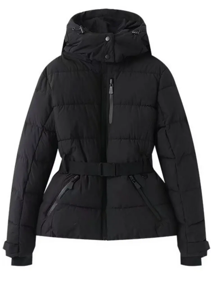 Women's Water-Repellent Fitted Puffer Ski Jacket with Hood and Zippered Pockets Black