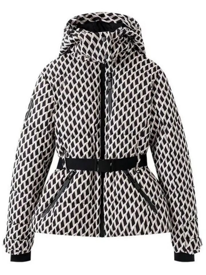 Women's Water-Repellent Fitted Puffer Ski Jacket with Hood and Zippered Pockets White Black