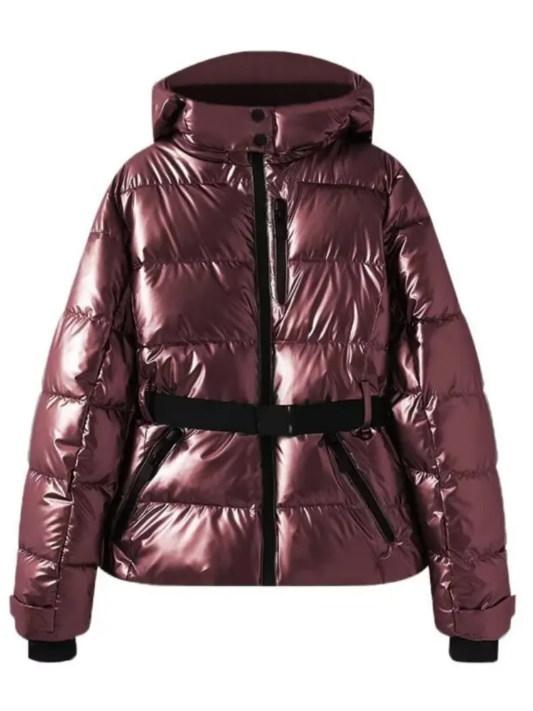 Women's Water-Repellent Fitted Puffer Ski Jacket with Hood and Zippered Pockets Wine Red