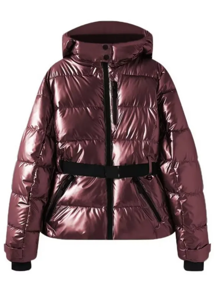 Women's Water-Repellent Fitted Puffer Ski Jacket with Hood and Zippered Pockets Wine Red