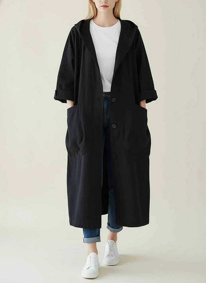 Women's Waterproof Hooded Trench Coat Black One Size