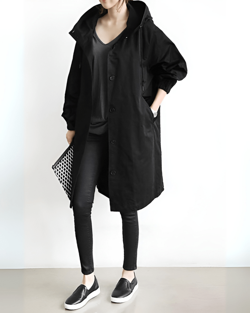 Women's Waterproof Hooded Trench Coat - Perfect for Spring Black